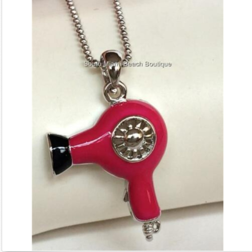 Hair Dryer Stylist Necklace 17" Hot Pink Blow Dryer Silver Rhodium Plated Gift